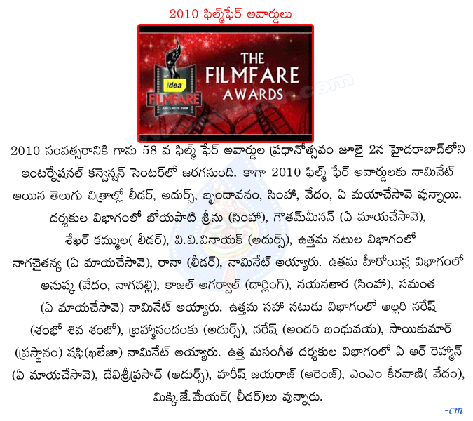 filmfare awards,filmfare 2010 nominations in telugu,2010 filmfare award function,filmfare awards anouncement,filmfare 58th year awards  filmfare awards, filmfare 2010 nominations in telugu, 2010 filmfare award function, filmfare awards anouncement, filmfare 58th year awards